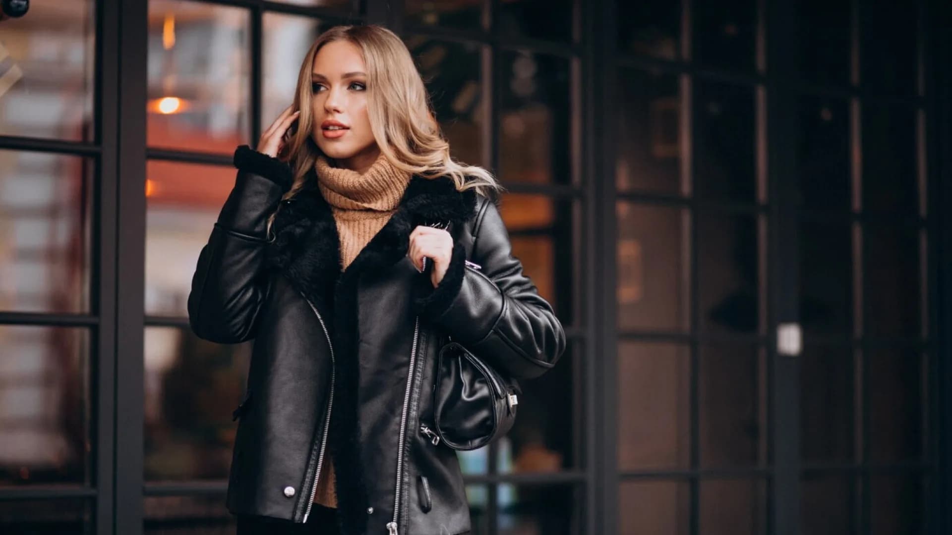 Close-up of a durable genuine leather jacket showcasing its natural grain and texture - a classic style choice.