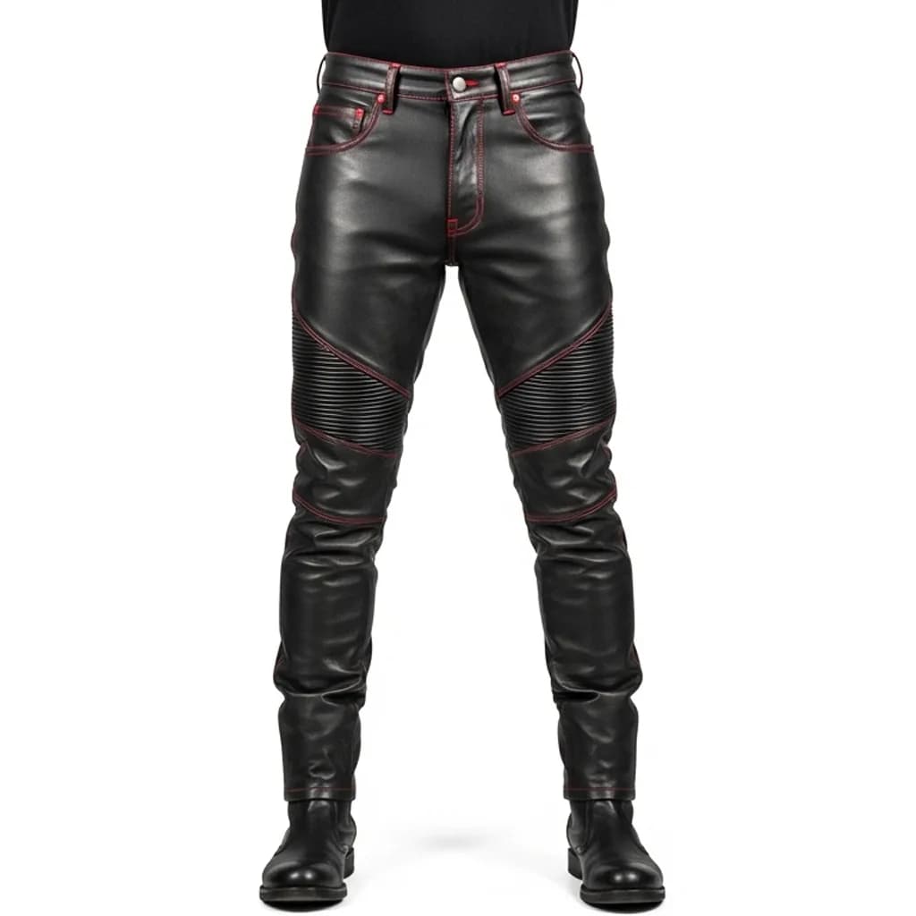 black leather biker pants with red stitching stormfire front view