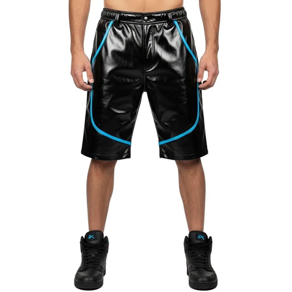 black patent leather athletic shorts neon rift front view