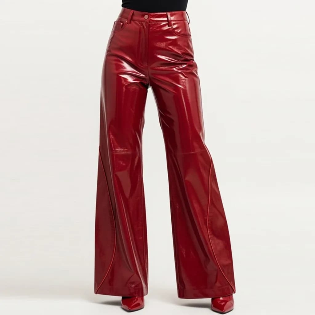 red patent leather flared trousers scarlet fall front view
