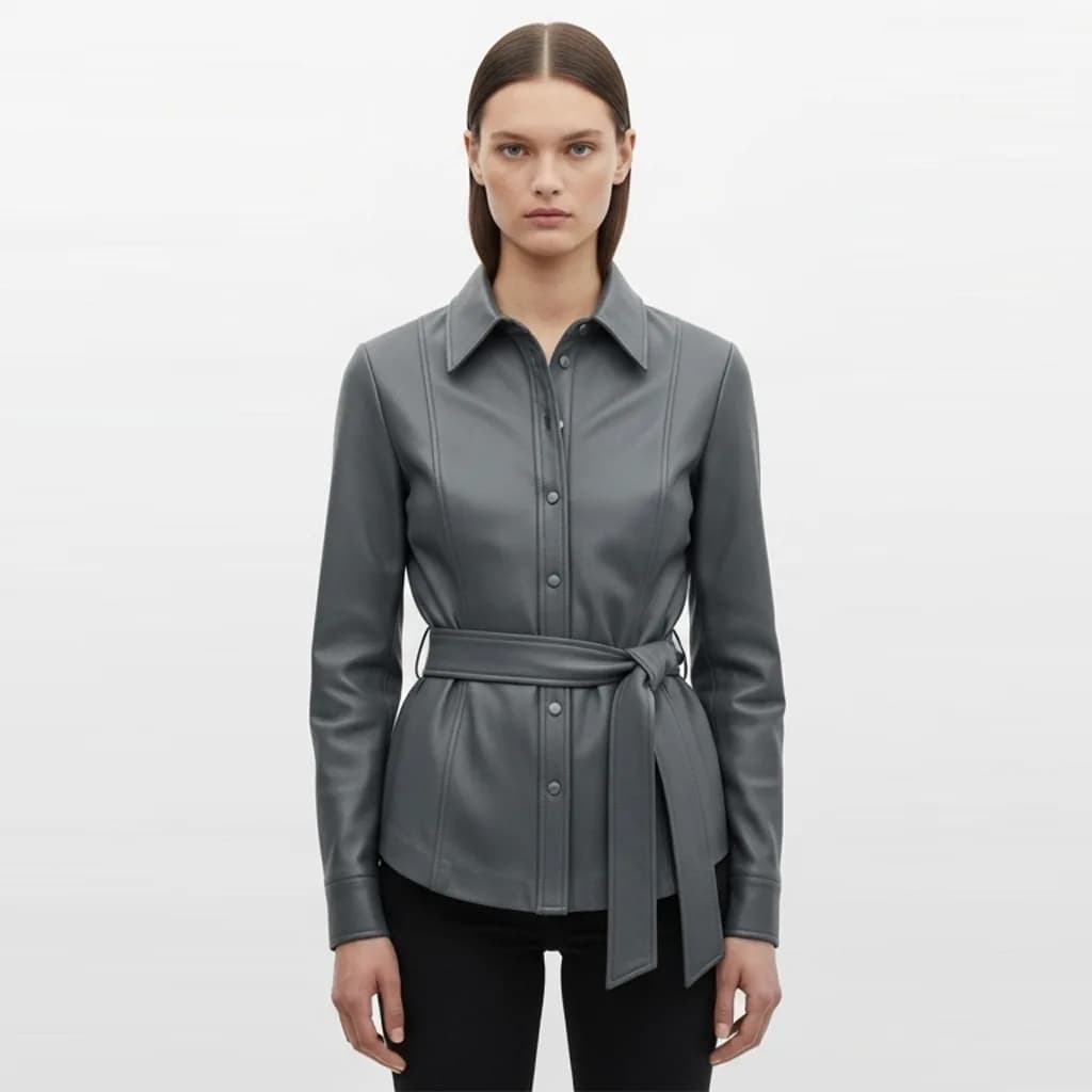 slate grey belted leather shirt slate wrap front view