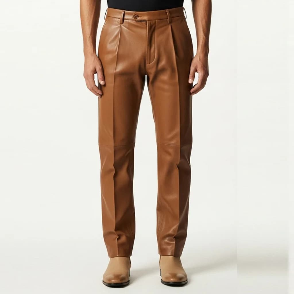pleated camel leather trousers camel ridge front view