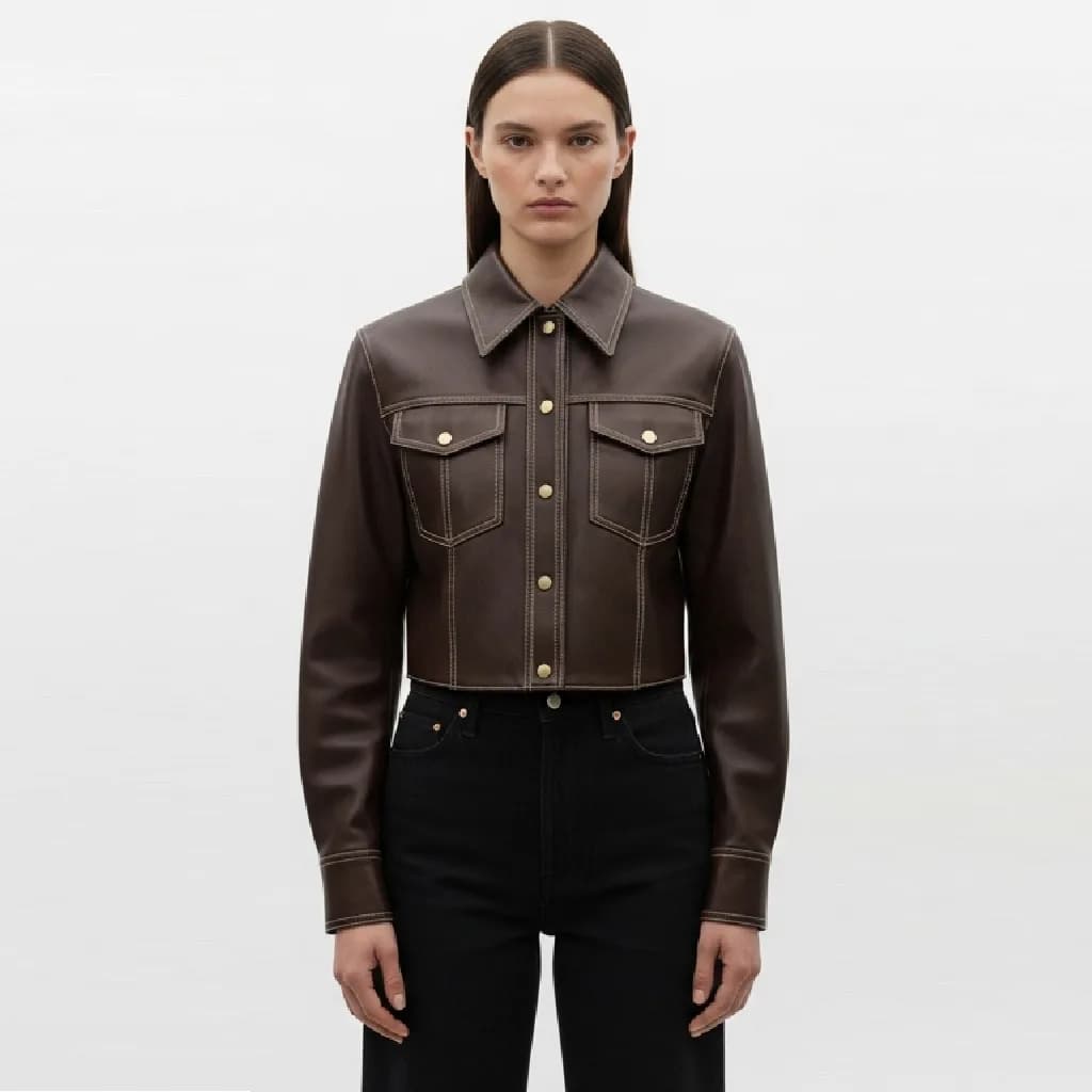 brown cropped faux leather shirt sable snap front view