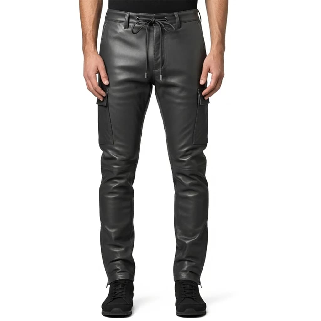 charcoal grey leather cargo pants cinder flex front view