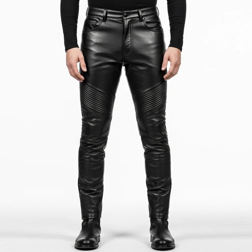 black quilted leather biker pants obsidian rift front view