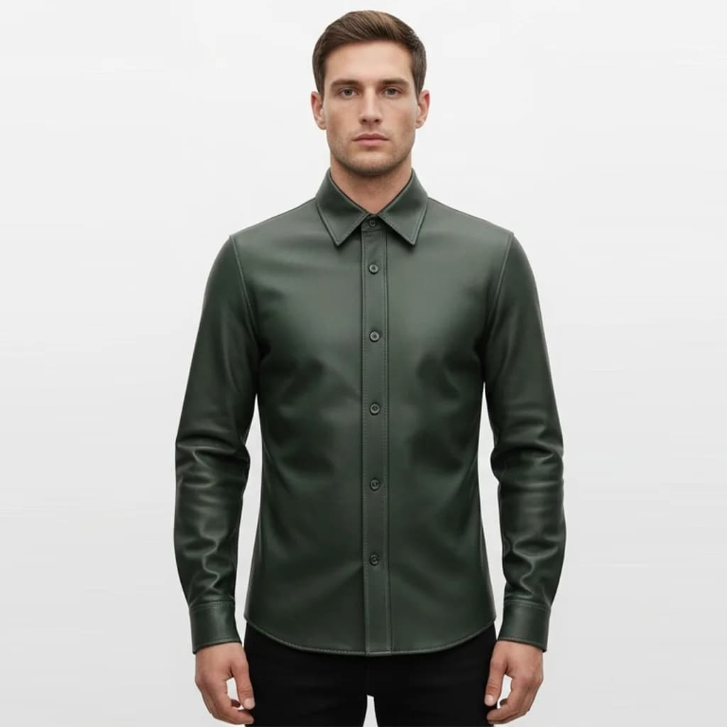 green vegan leather shirt moss trim front view